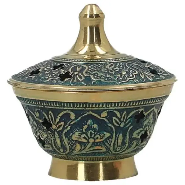 Brûle-encens - H 8 cm - Laiton émaillé bleu