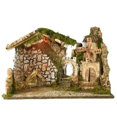 Lege Kerststal met molen en licht voor kerstfiguren van 15 cm (50x26x34cm)
