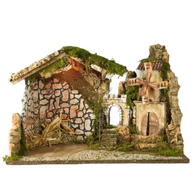 Lege Kerststal met molen en licht voor kerstfiguren van 15 cm (50x26x34cm)