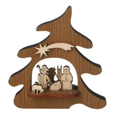 Kerststal met houten kerstboom H 12 cm