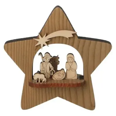 Kerststal in een houten ster H 12 cm