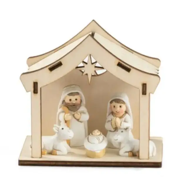 Kerststal met 5 figuren 5 cm en licht (10.4 X 6.4 X 9.7 cm)