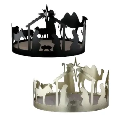 Couronne de l'Avent métal noir/or, motif crèche 20 cm