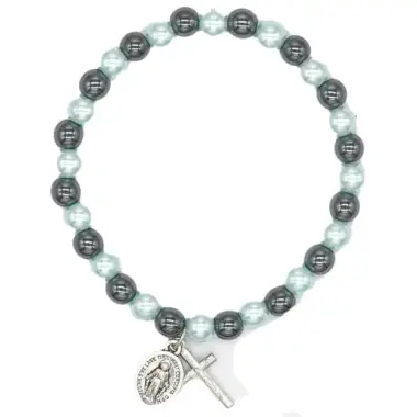 Bracelet elastic with blue beads and hematite + crosses and medal