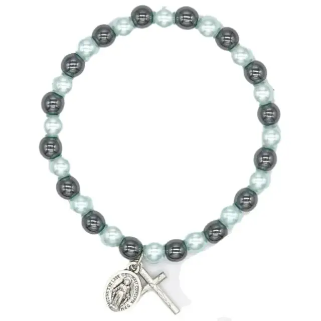 Bracelet elastic with blue beads and hematite + crosses and medal