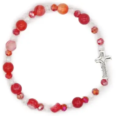 Bracelet sur élastique avec grains en pierre Jade rouge + croix