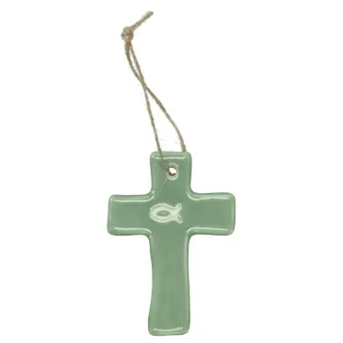 Sage green ceramic cross with white Ichtus – 9.5 x 6.5 cm