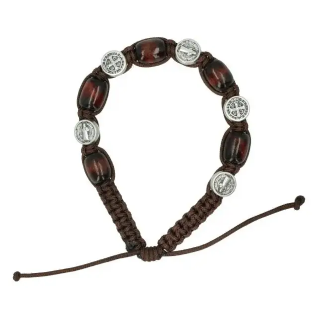 Bracelet s/corde Bois naturel + Méd St Benoît