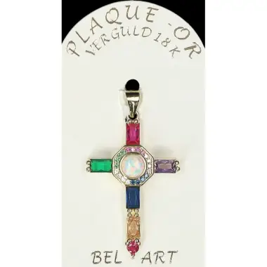 Croix plaqué or avec strass multicouleurs 30 x 20 mm