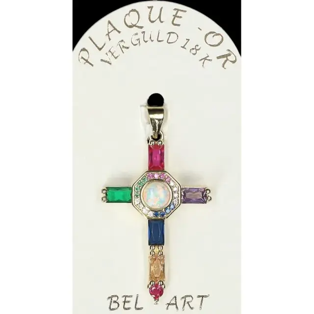Croix plaqué or avec strass multicouleurs 30 x 20 mm