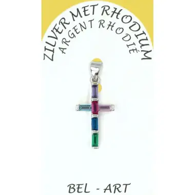 Silver cross pendant with multicolored zircons 20 x10 mm