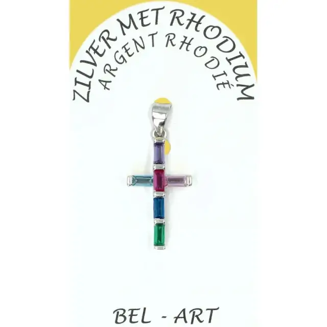Pendentif croix argent avec zircons multicolores 20 x10 mm