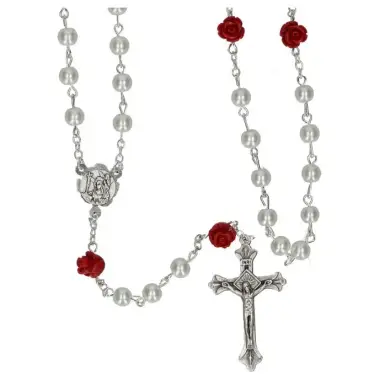St. Rita Rosary imitation pearl 6 mm Paters red roses