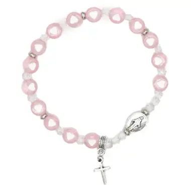 Bracelet sur élastique grains roses avec médaille miraculeuse et croix