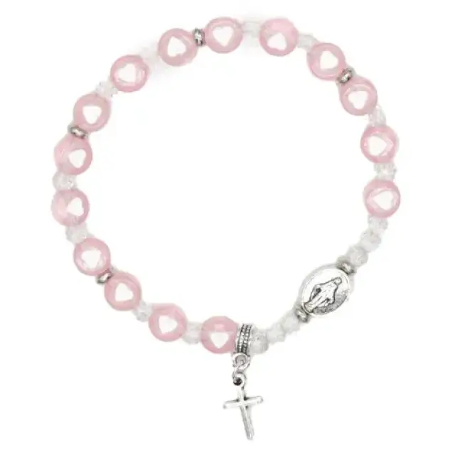 Bracelet sur élastique grains roses avec médaille miraculeuse et croix