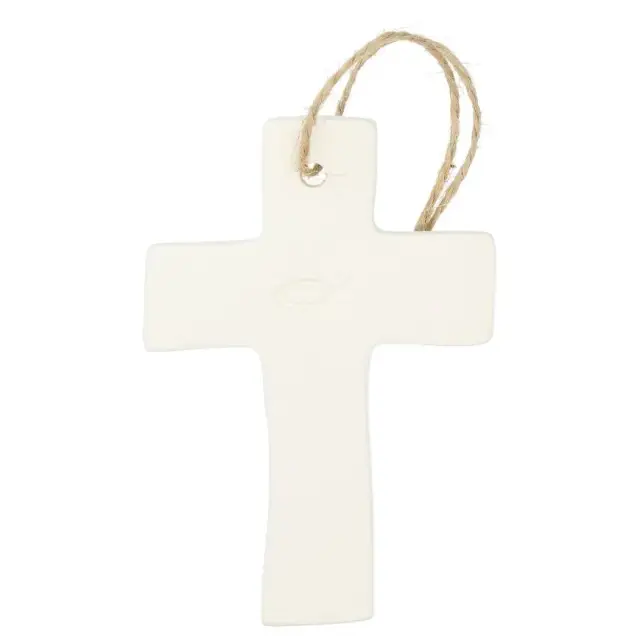 Croix en porcelaine blanche avec ichtus 9.5 x 6.5 cm