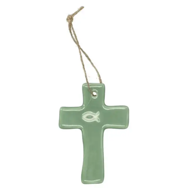 Sage green ceramic cross with white Ichtus – 9.5 x 6.5 cm