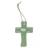 Sage green ceramic cross with white Ichtus – 9.5 x 6.5 cm