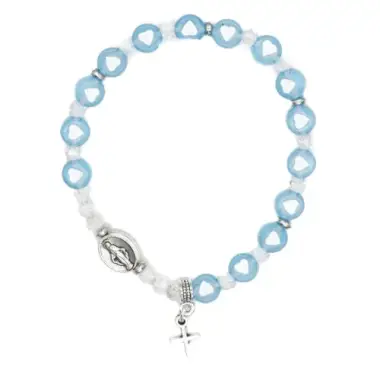 Bracelet sur élastique grains bleus avec médaille miraculeuse et croix