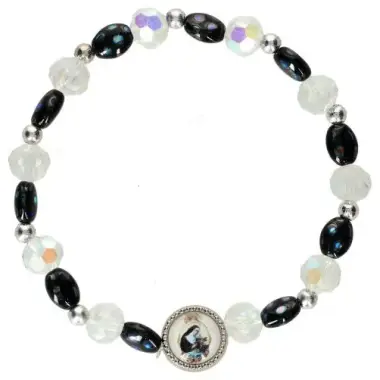 Armband op elastiek glas wit - zwart + med H. Rita