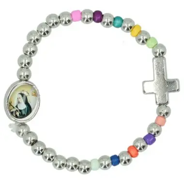 Bracelet s/élast. argenté et multicolore / enfants + méd. Ste Rita