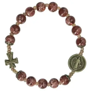 Bracelet sur élastique - grains marbre noir - Croix + Méd. St Benoît