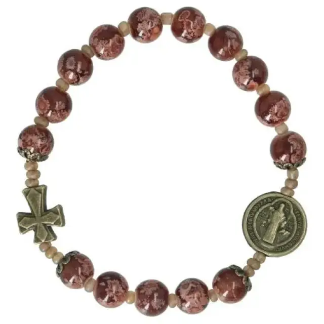 Bracelet sur élastique - grains marbre noir - Croix + Méd. St Benoît