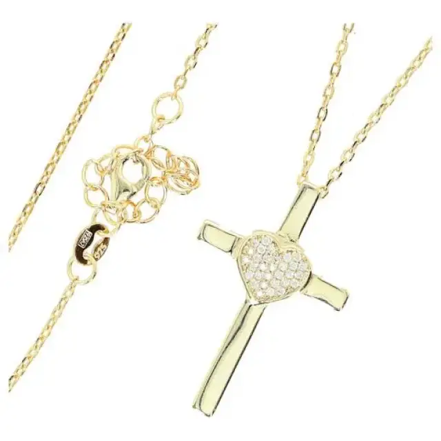Cross gold plated with heart 30 x 20 mm + chain