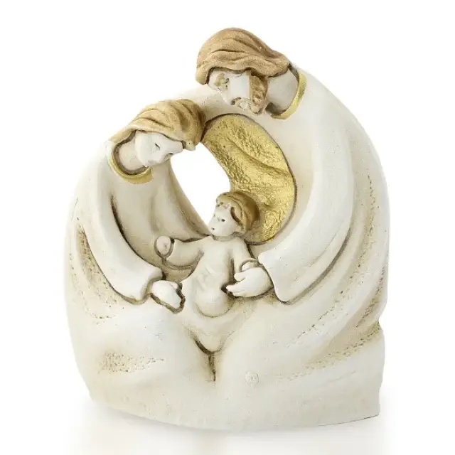 Kleine Heilige Familie in albaster met gouden rand ( 5x6 cm)