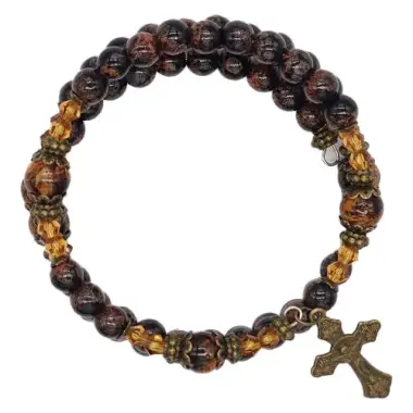 Armband-rozenkrans Glazen korrels "brons" Wonderbare med. en kruis
