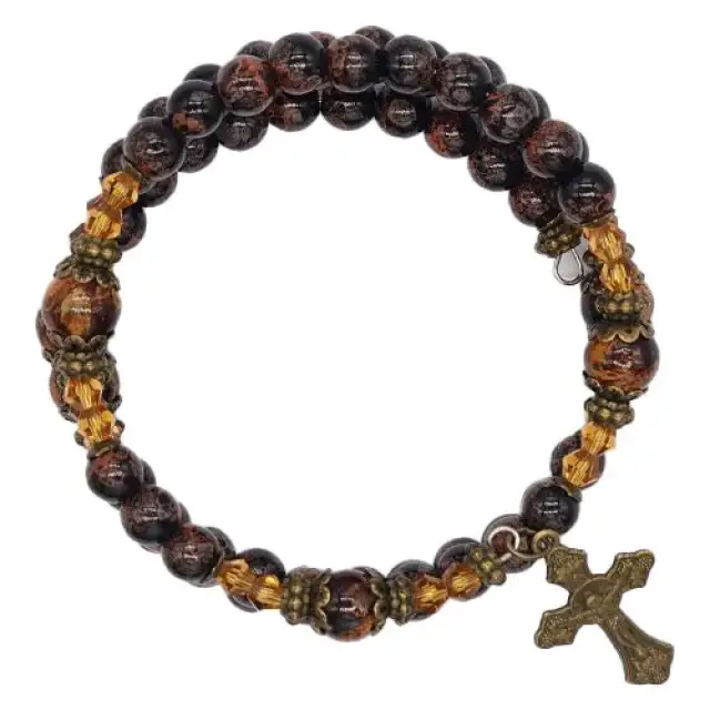 Armband-rozenkrans Glazen korrels "brons" Wonderbare med. en kruis