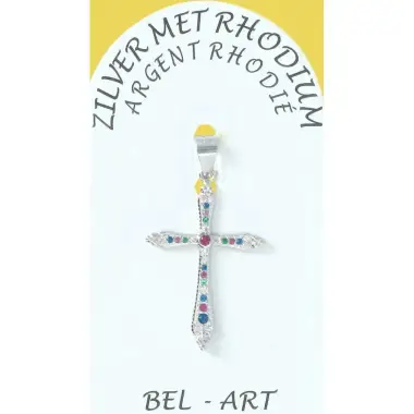 Silver cross pendant with multicolored zircons 25 x18 mm