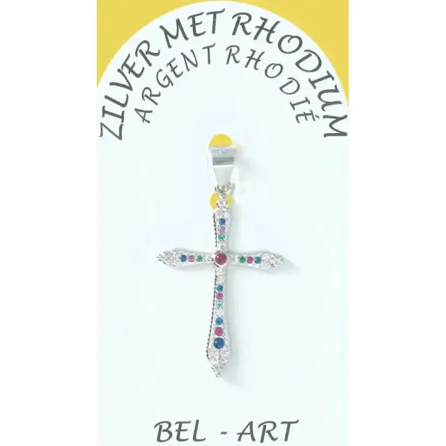 Pendentif croix argent avec zircons multicolores 25 x18 mm