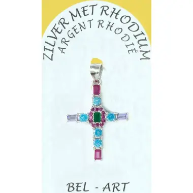 Silver cross pendant with multicolored zircons 24 x19 mm