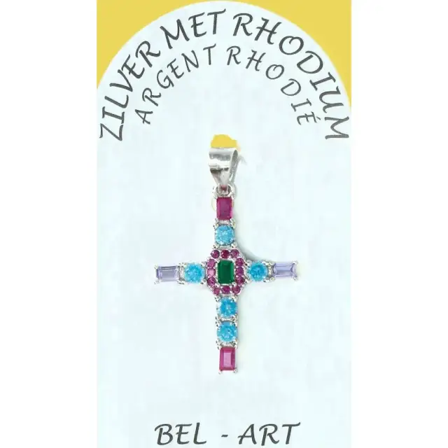 Pendentif croix argent avec zircons multicolores 24 x19 mm