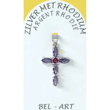 Silver cross pendant with purple zircons 23 x15 mm