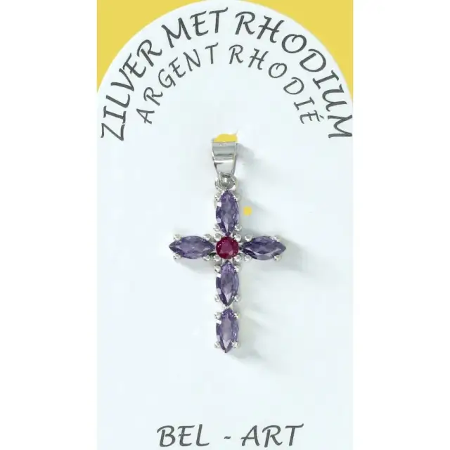 Silver cross pendant with purple zircons 23 x15 mm