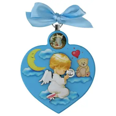 Cadre-Berceau - Coeur / Ange - 7 X 9 cm - Bleu