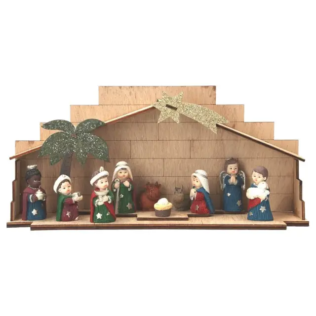 Kinderachtig kerstgroep met hout kerststallen 26 x 8 x 12 cm