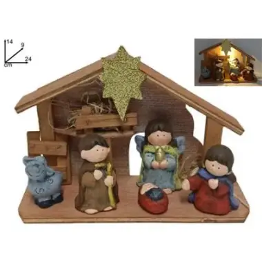 Kerststal met 5 figuren 7 cm en licht (24 X 9 X 14 cm)