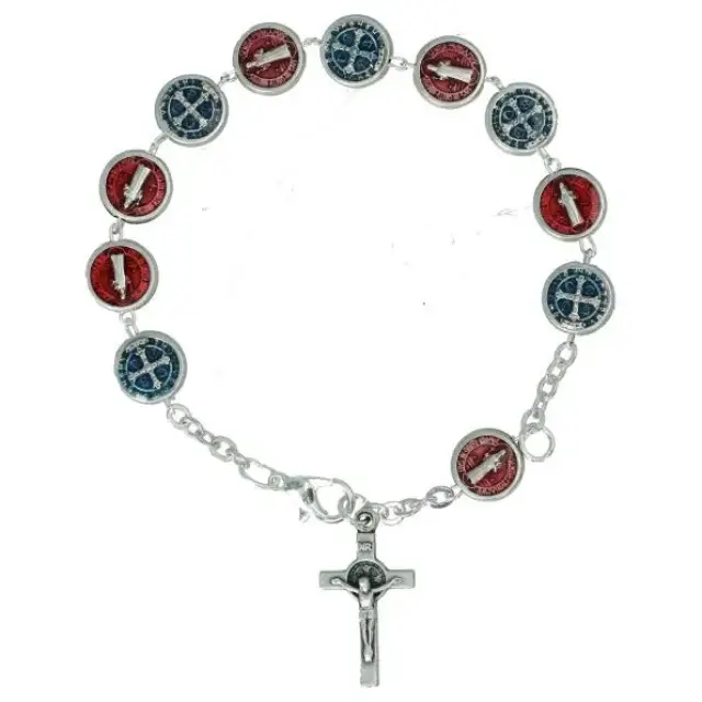 Bracelet médailles St Benoît Email bleu et rouge