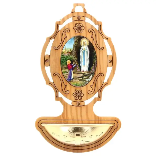 Bénitier Bois d'olivier 9 x 5.5 cm Notre-Dame de Lourdes