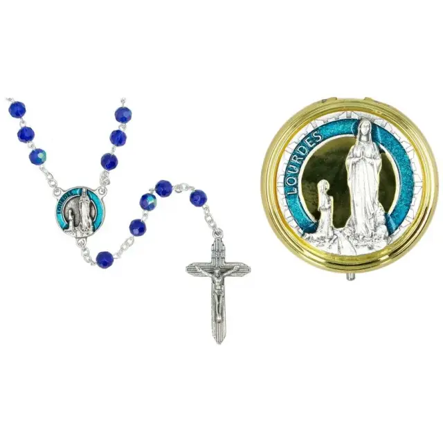 Chapelet Appar Lourdes + Boîte métal doré émail bleu