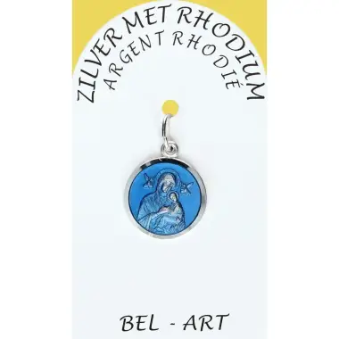 Rhodium Silver Medal Our Lady of Perpetual help. Dry. 14 mm Blue Email