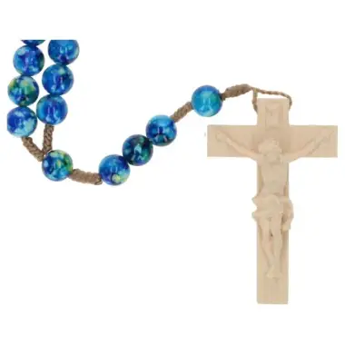 Chapelet en bois- bleu marbré – crucifix sculpté