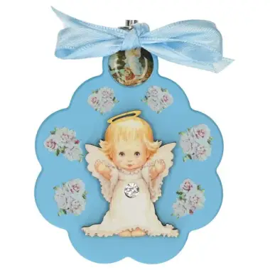 Kader / Wieg - Bloem / OLV biddend - 7 X 9 cm - Blauw