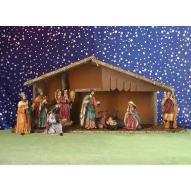 Kerstset : stal (52x19x23cm) met 10 figuren van 12 cm