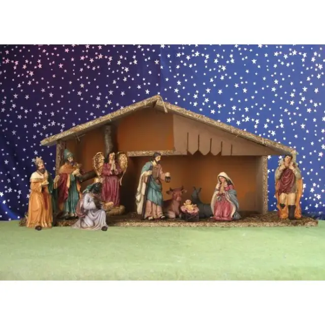 Kerstset : stal (52x19x23cm) met 10 figuren van 12 cm