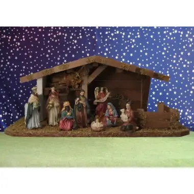 Kerstset : stal (42x25x18cm) met 10 figuren van 9 cm