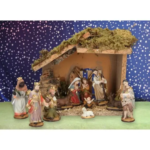 Kerstset : stal (28X15X21 cm) 11 figuren 9 cm